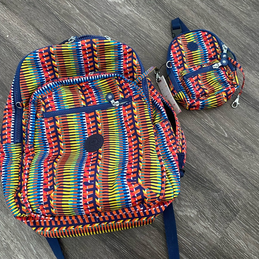 NWT Kipling Seoul Colorful Striped Design Laptop Backpack with Mini Matching Set